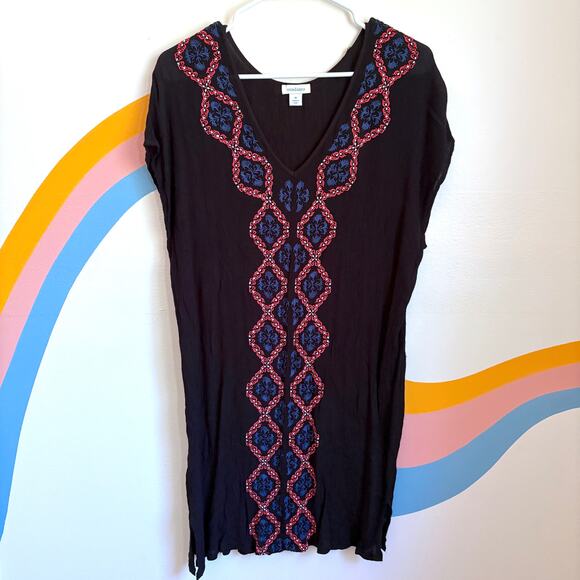 Sundance Embroidered Tunic Dress Medium Womens Floral Black Beach Cover Up - Picture 1 of 7